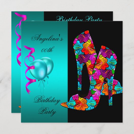 おもしろいハイヒールシューズ誕生日パーティーフローラ 招待状 (正面/裏面)