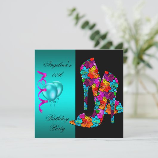 おもしろいハイヒールシューズ誕生日パーティーフローラ 招待状 (スタンド正面)
