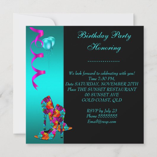 おもしろいハイヒールシューズ誕生日パーティーフローラ 招待状 (裏面)