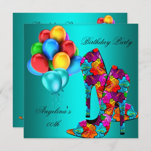 おもしろいハイヒールシューズ誕生日パーティーブルームズ 招待状 (正面/裏面)