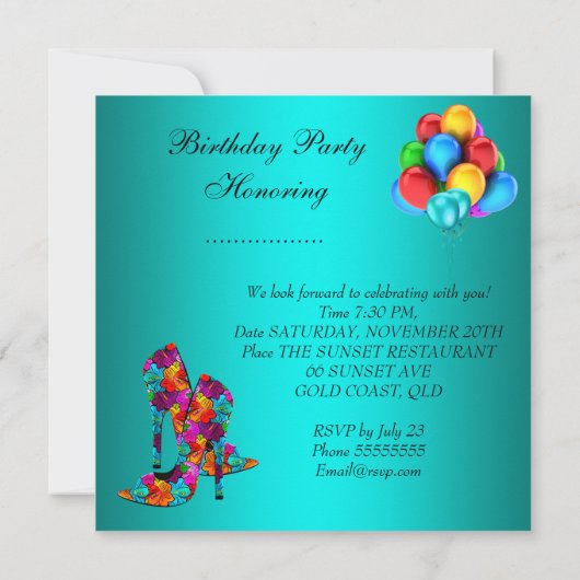 おもしろいハイヒールシューズ誕生日パーティーブルームズ 招待状 (裏面)