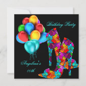 おもしろいハイヒールシューズ誕生日パーティーブルームズ 招待状 (正面)
