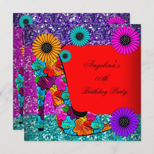 おもしろいハイヒールシューズ誕生日パーティー花 招待状 (正面/裏面)