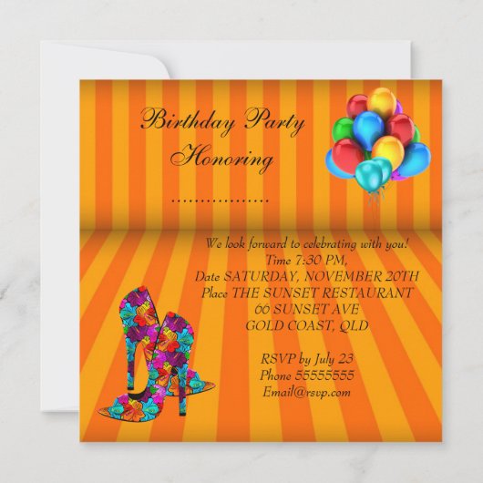 おもしろいハイヒール靴バースデーパーティーブルームズ3 招待状 (裏面)