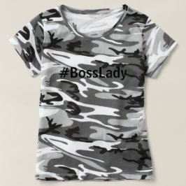 おもしろいハッシュタグ#BossLadyトレンディーグレーとホワイト迷彩柄 Tシャツ