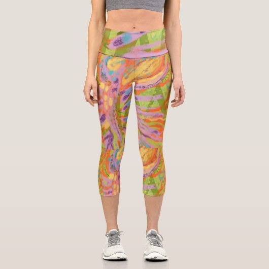 おもしろいハッピーカラーハイウェイストキャプリス カプリレギンス (正面)
