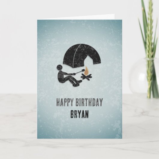 おもしろいハッピーキャンパー、テントとファイアメタルの外観 – 男性 カード (正面)