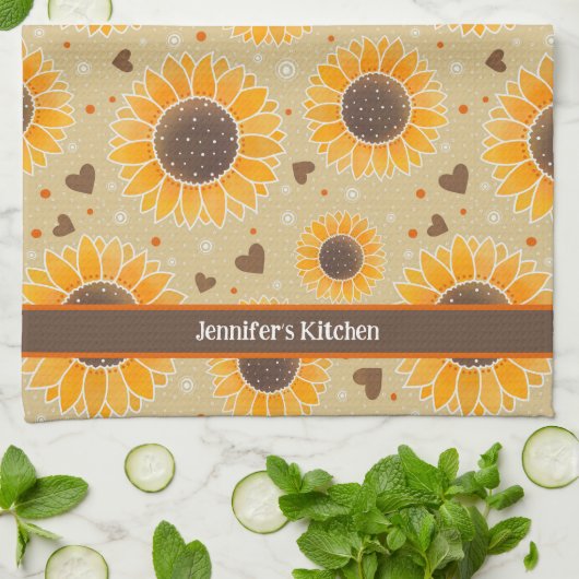 おもしろいハッピーサンフラワーハート名前をカスタムする スタイリッシュ キッチンタオル (折り畳み)