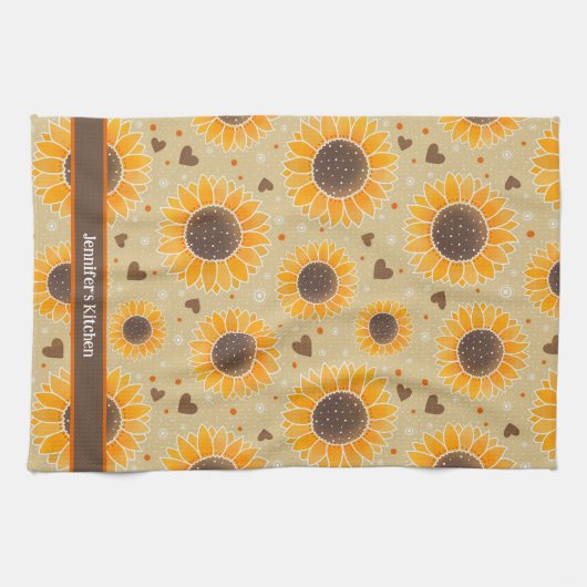 おもしろいハッピーサンフラワーハート名前をカスタムする スタイリッシュ キッチンタオル (横)