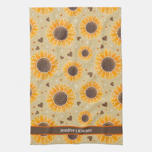 おもしろいハッピーサンフラワーハート名前をカスタムする スタイリッシュ キッチンタオル (縦)