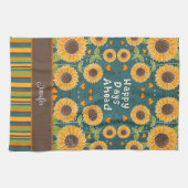 おもしろいハッピースマストライプフラワー名前をカスタムするスタイリッシュ キッチンタオル (横)