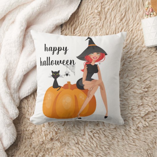 おもしろいハッピーハローウィンスパイダーウェブウィッチカボチャ猫 クッション (ブランケット)