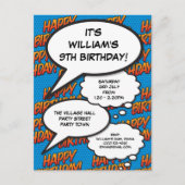 おもしろいハッピーバースデーパーティーモダンブルー漫画 インビテーションポストカード (正面)