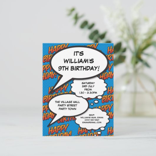 おもしろいハッピーバースデーパーティーモダンブルー漫画 インビテーションポストカード (スタンド正面)