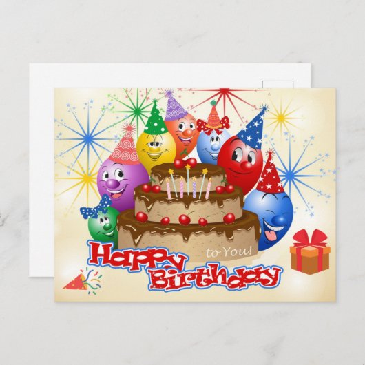 おもしろいハッピーバースデー風船とチョコレートケーキ ポストカード (正面/裏面)