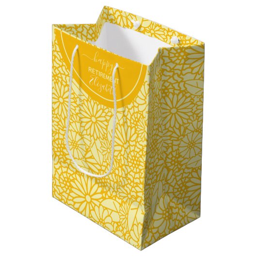 おもしろいハッピーリタイアメントイエローデイジー名前をカスタムする ミディアムペーパーバッグ (正面アングル)