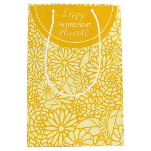 おもしろいハッピーリタイアメントイエローデイジー名前をカスタムする ミディアムペーパーバッグ (正面)
