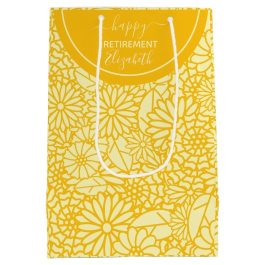 おもしろいハッピーリタイアメントイエローデイジー名前をカスタムする ミディアムペーパーバッグ (裏面)
