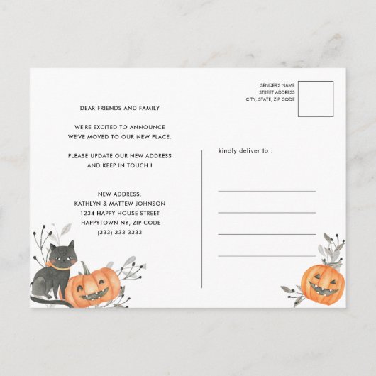 おもしろいハロウィンカボチャ私たちは変更アドレスを移動した 案内ポストカード (裏面)