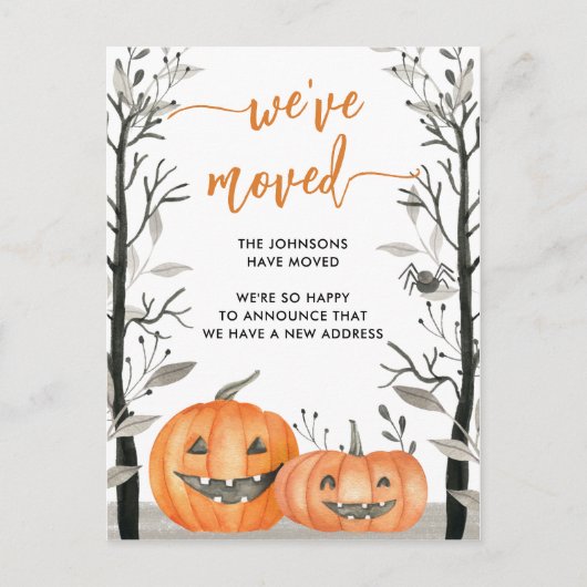 おもしろいハロウィンカボチャ私たちは変更アドレスを移動した 案内ポストカード (正面)