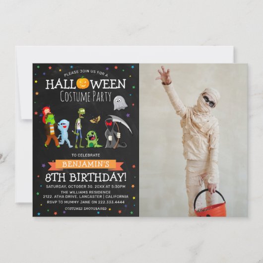 おもしろいハロウィンキッズ衣装バースデーパーティーの写真 招待状 (正面)