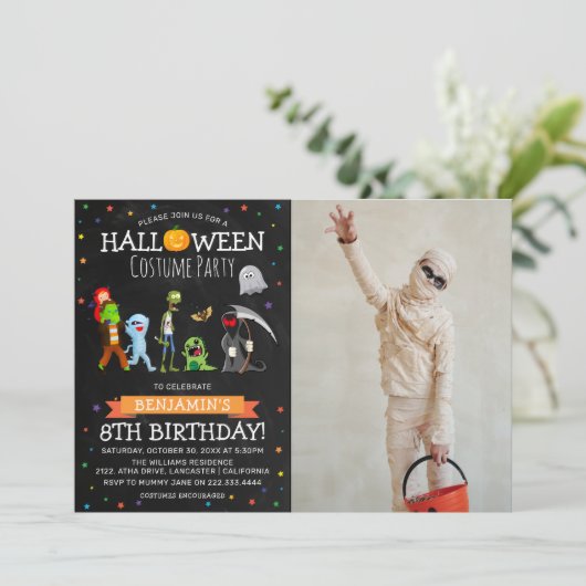 おもしろいハロウィンキッズ衣装バースデーパーティーの写真 招待状 (スタンド正面)