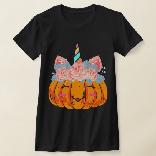 おもしろいハロウィンサンクスギビングかわいいユニコーンパンプキン Tシャツ (レイダウン)