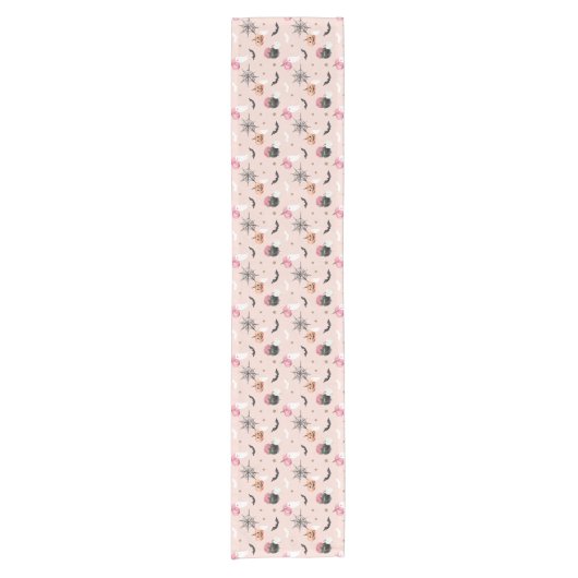 おもしろいハロウィンピンク&オレンジカボチャのスパイダーウェブこうもり ショートテーブルランナー (正面)