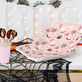 おもしろいハロウィンピンク&オレンジカボチャのスパイダーウェブこうもり ペーパープレート