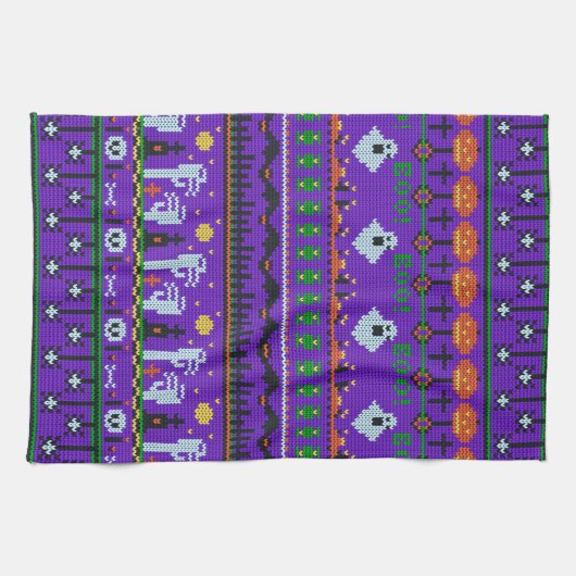 おもしろいハロウィーンの日物紫の編み物パターン キッチンタオル (横)