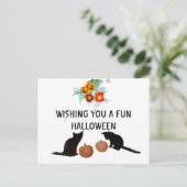 おもしろいハロウィーンオレンジカボンプキンマリーゴールド黒猫 ポストカード (スタンド正面)