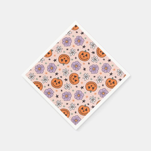 おもしろいハロウィーンカボチャと花のパターン スタンダードカクテルナプキン (角)