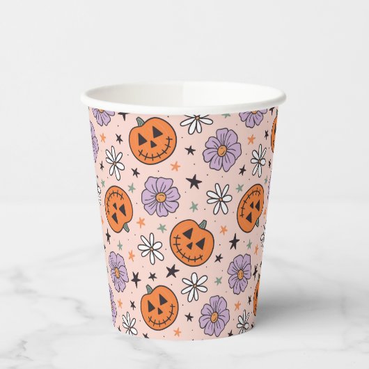おもしろいハロウィーンカボチャと花のパターン 紙コップ (左)
