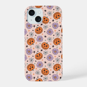 おもしろいハロウィーンカボチャと花のパターン iPhone 15ケース