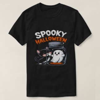 おもしろいハロウィーンキャットと幽霊おもしろい不気味デザイン Tシャツ