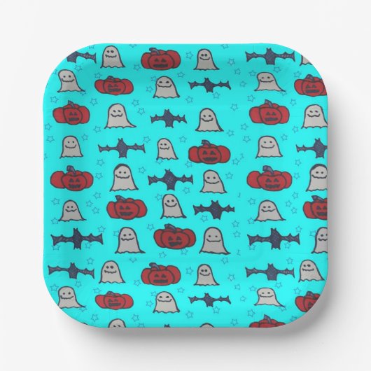 おもしろいハロウィーンプリントオンブルー ペーパープレート (正面)