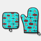 おもしろいハロウィーンプリントオンブルー 鍋つかみ&鍋敷きセット (正面)