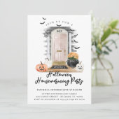 おもしろいハロウィーン引っ越し祝いパーティーパーティーピンクフロントドア 案内状 (スタンド正面)