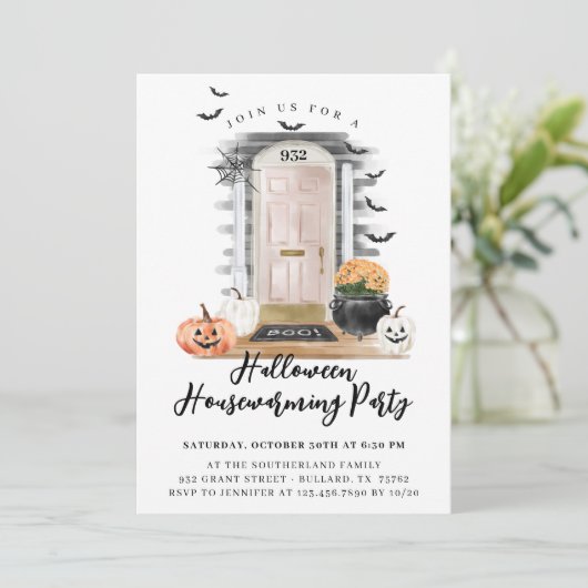 おもしろいハロウィーン引っ越し祝いパーティーパーティーピンクフロントドア 案内状 (スタンド正面)