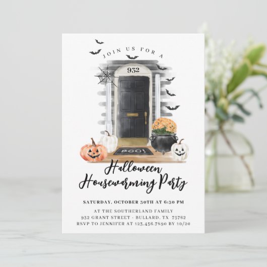 おもしろいハロウィーン引っ越し祝いパーティーパーティーブラックフロントドア 案内状 (スタンド正面)
