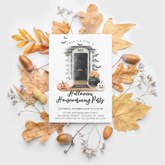 おもしろいハロウィーン引っ越し祝いパーティーパーティーブラックフロントドア 案内状