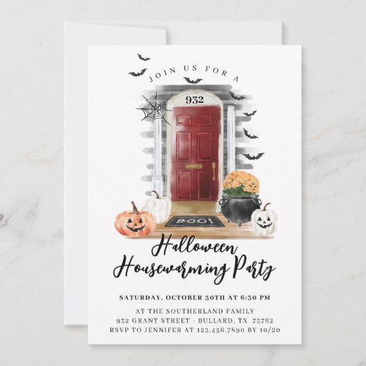 おもしろいハロウィーン引っ越し祝いパーティーパーティーレッドフロントドア 案内状 (正面)
