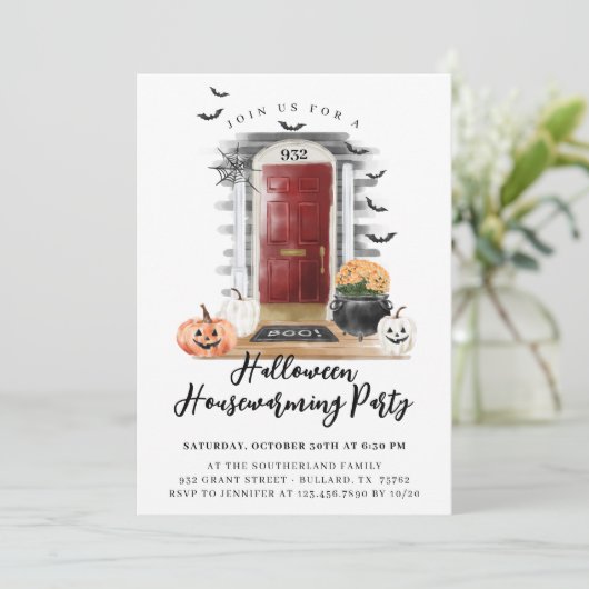 おもしろいハロウィーン引っ越し祝いパーティーパーティーレッドフロントドア 案内状 (スタンド正面)