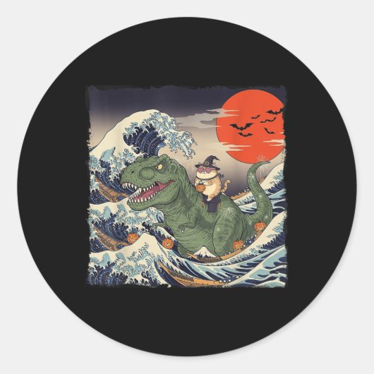 おもしろいハロウィーン猫不気味乗り恐竜浮世絵 ラウンドシール (正面)