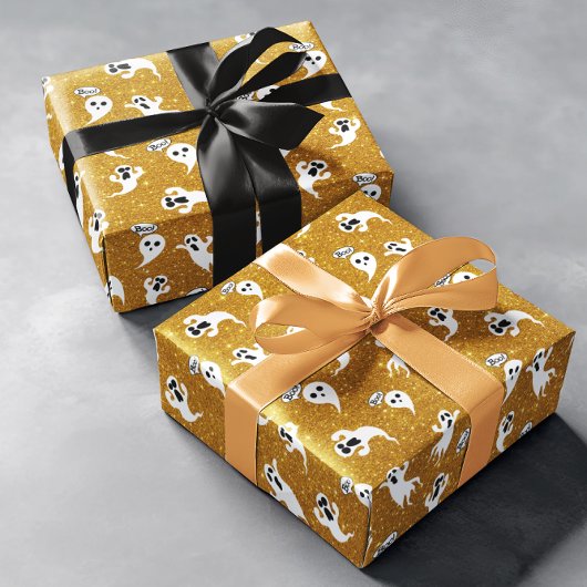 おもしろいハロウィーン金ゴールドグリッター幽霊たち ラッピングペーパー