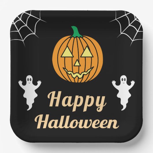 おもしろいハローウィンパーティかわいい幽霊カボチャスパイダーウェブ ペーパープレート (正面)