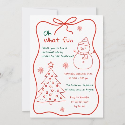おもしろいハンドドロークリスマスパーティの招待状-雪だるま 招待状 (正面)