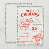 おもしろいハンドドロードドードルメリークリスマスカクテル 招待状 (正面/裏面)