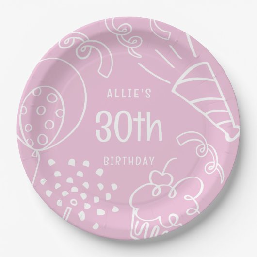 おもしろいハンドドロー任意の年齢誕生日バルーンピンク ペーパープレート (正面)