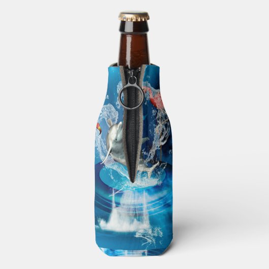 おもしろいハートで飛ぶイルカ ボトルクーラー (ボトル裏面)